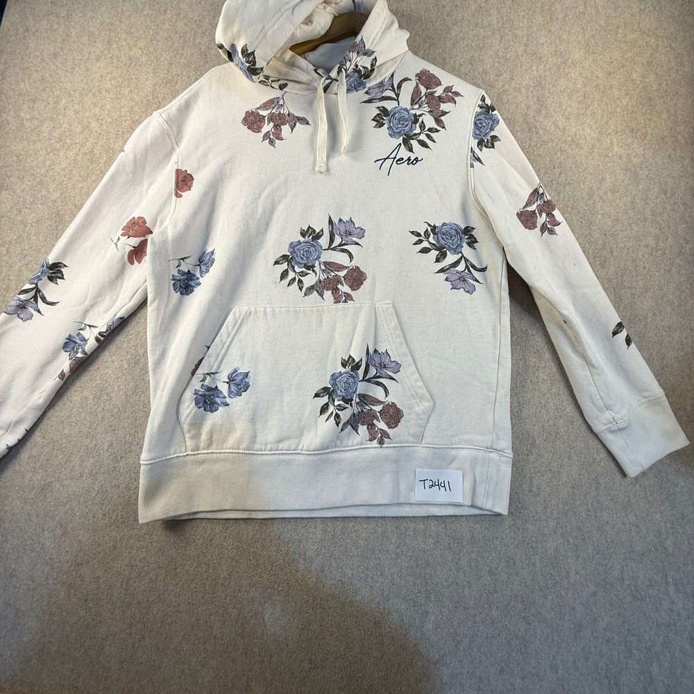 Aeropostale Floral Rose Print Pullover Hoodie Cream Blue Purple Mens Medium